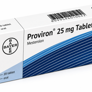 Proviron 25mg tabletten doos van Bayer met mesterolon en een koperkleurige DNA sleutel op de verpakking