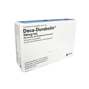 Deca-durabolin 50 mg per ml injecteerbare oplossing in originele witte en blauwe verpakking op witte achtergrond.