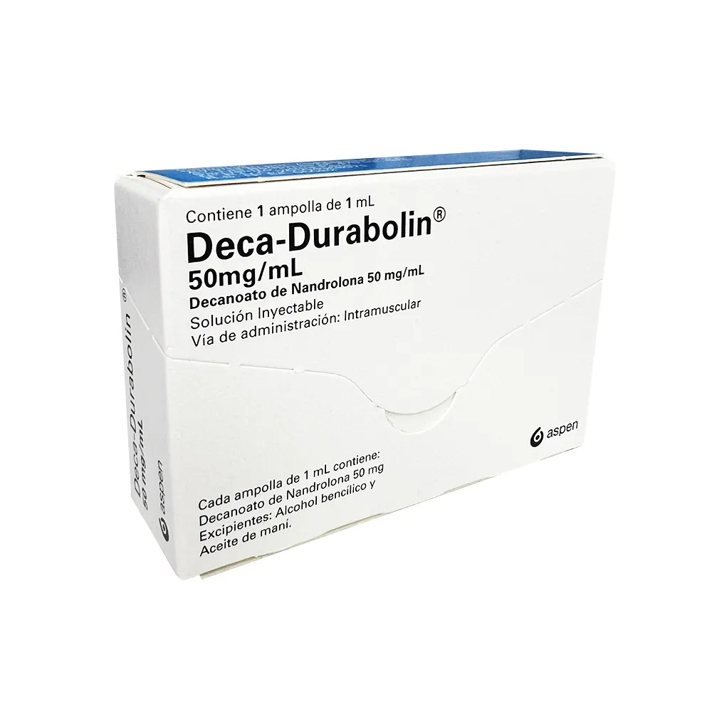 Deca-durabolin 50 mg per ml injecteerbare oplossing in originele witte en blauwe verpakking op witte achtergrond.