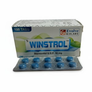 Winstrol 10 mg doos met 100 tabletten en een blisterstrip met blauwe stanozolol pillen