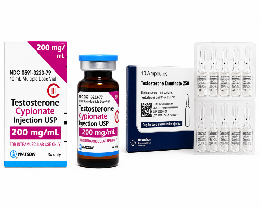 Vergelijking van een testosteron injectie met testosteron enanthaat 250 mg ampullen en testosteron cypionaat 200 mg/mL.
